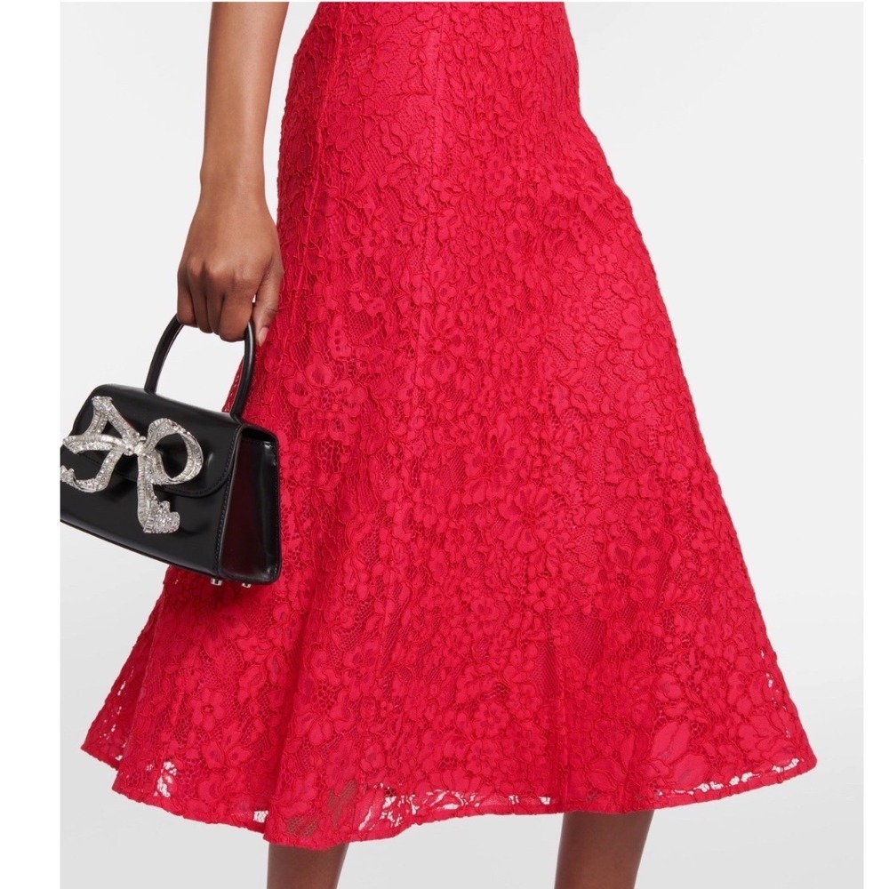 Self-Portrait Red Floral Cord Lace Bustier Midi Dress Cap Sleeve Sweetheart Sz 8 - Picture 4 of 16